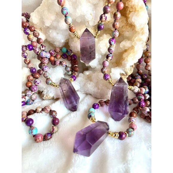 Galaxy Jasper + DT Amethyst Mala Necklace Pendant - Picture 6 of 10